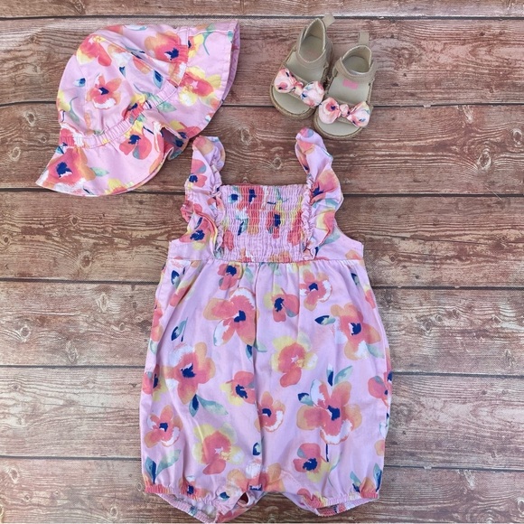 Carter’s baby girl floral romper, bucket hat and matching sandals 6 months - Picture 6 of 16
